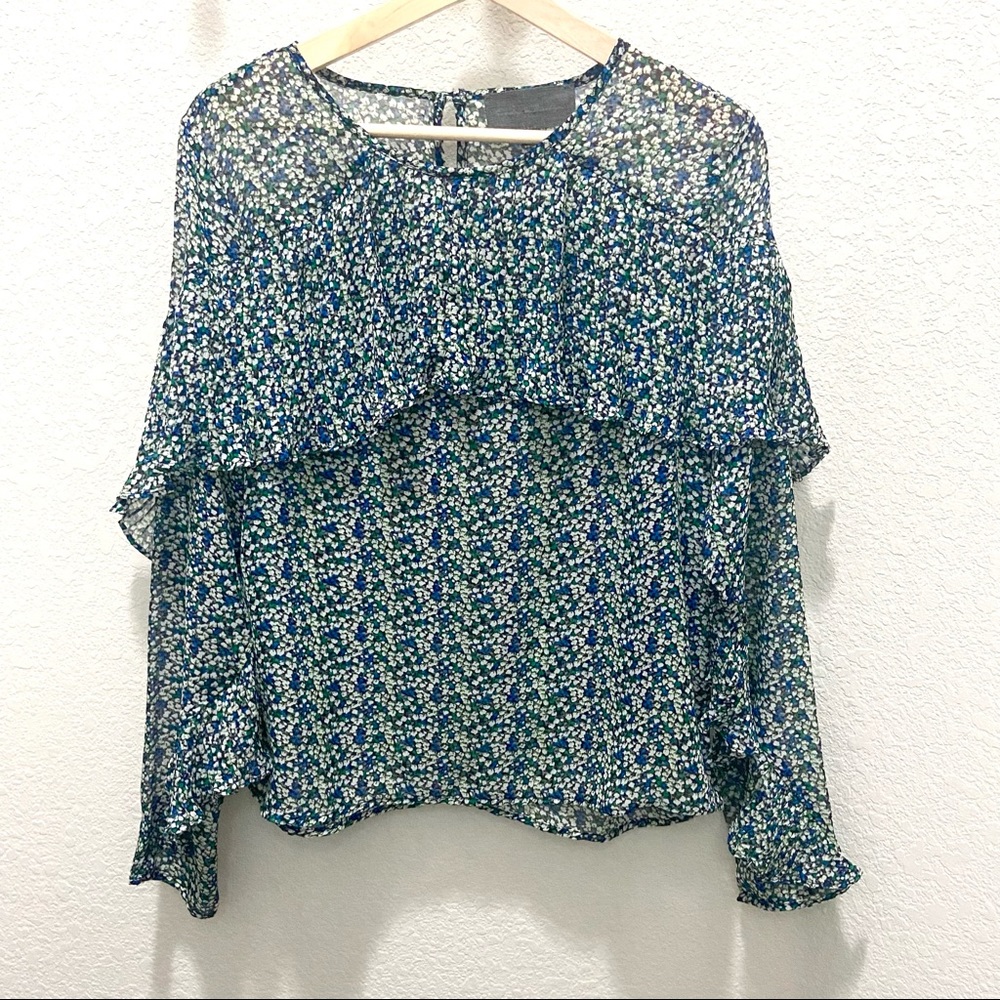 ANTHROPOLOGIE Sunday in Brooklyn Forget-Me-Not Sheer Printed Ruffle Top- Medium